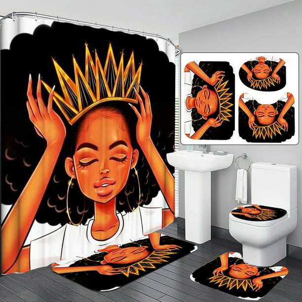 Shower Curtain African Woman and Lions Printing Decor Bath Curtains 12 Hooks
